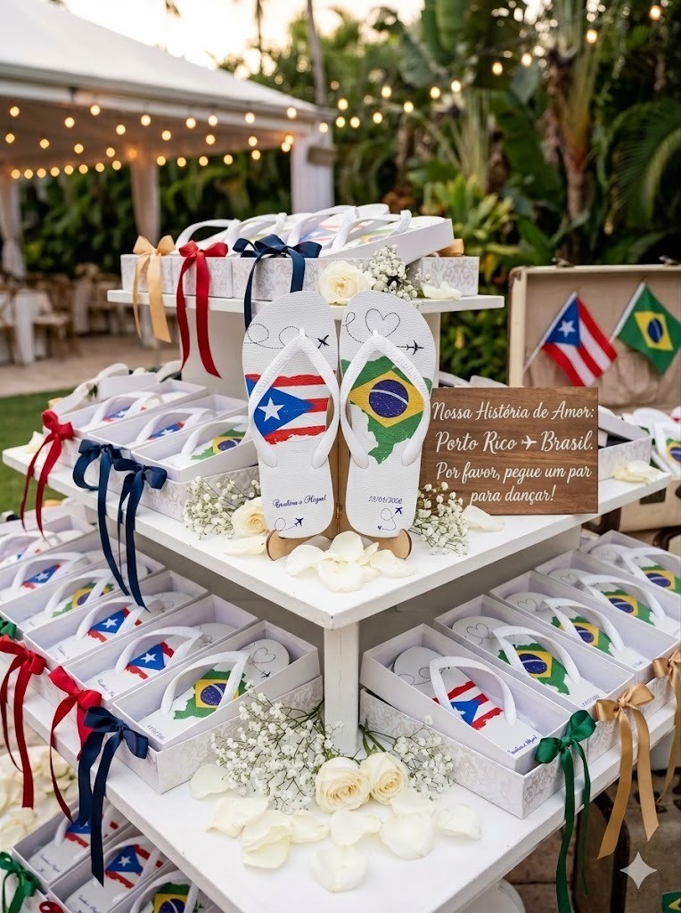 Estampa no solado — casamento Carolina e Miguel com bandeiras Porto Rico e Brasil, nomes e data no calcanhar Chinelos da Bela