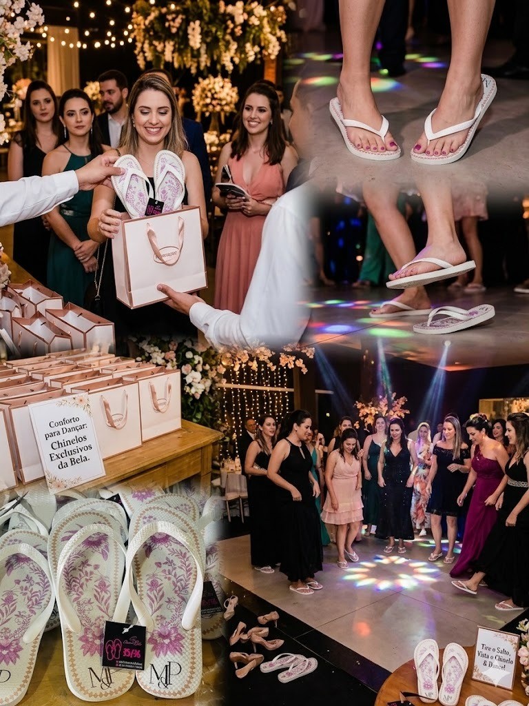 Casamento com havaianas personalizadas — entrega de lembrancinhas, mesa “Conforto para Dançar” e pista com chinelos Chinelos da Bela