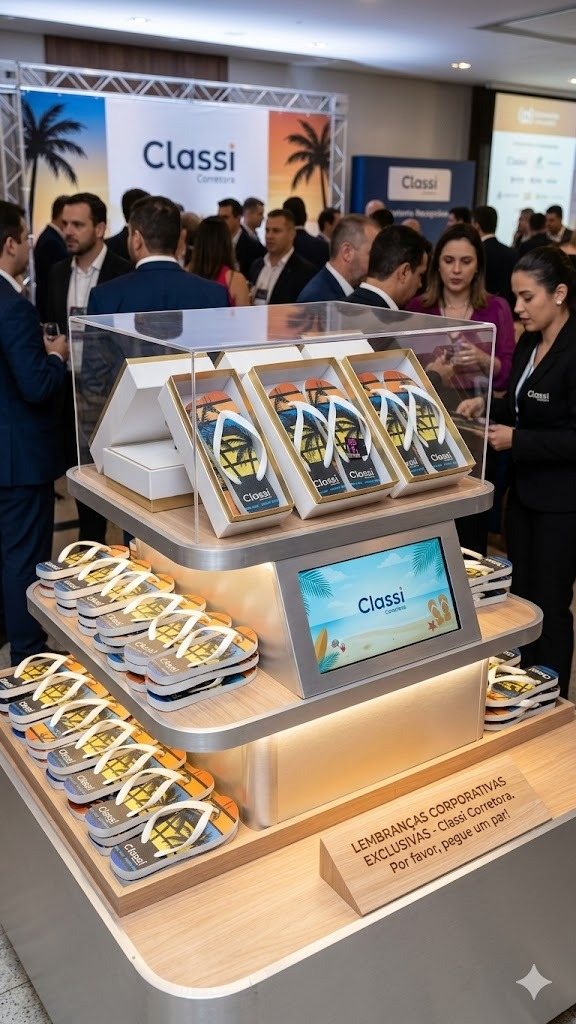 Lembranças corporativas — expositor Classi Corretora com havaianas personalizadas em evento profissional Chinelos da Bela