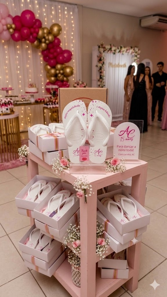 Festa de 15 anos — expositor com havaianas personalizadas AC, frases nas tiras e lembrancinhas em caixas Chinelos da Bela