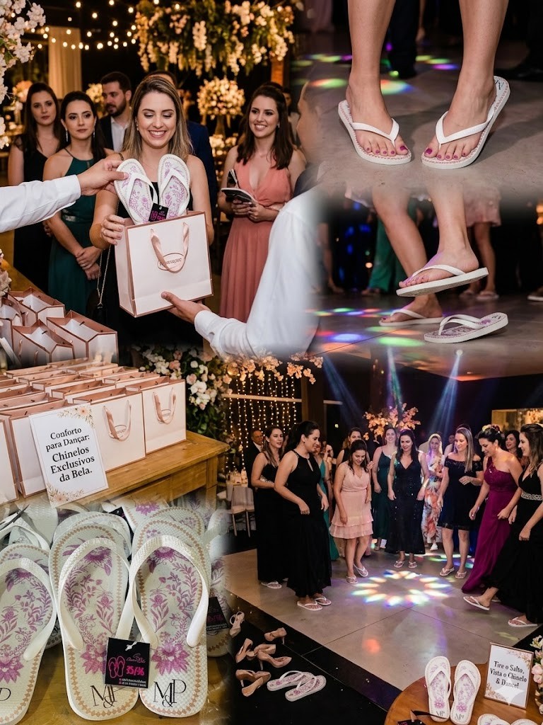 Convidados em festa usando chinelos personalizados para dançar com conforto — referência para eventos em Sorocaba, Chinelos da Bela