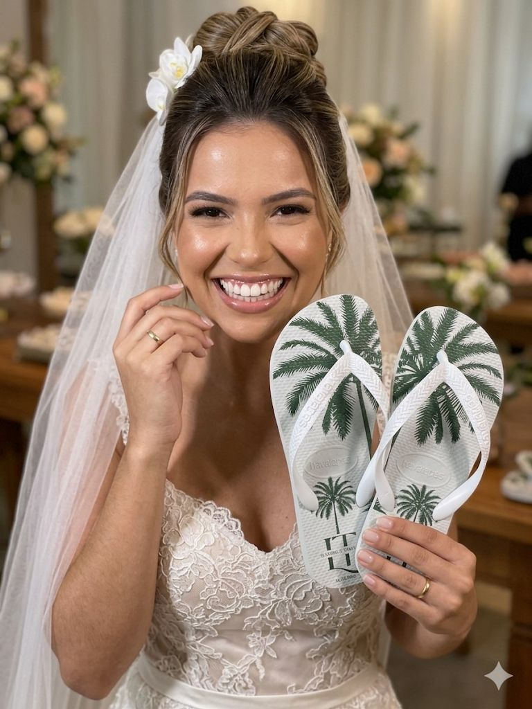 Noiva com Havaianas personalizadas nas mãos, vestido branco e véu, decoração de casamento ao fundo — Chinelos da Bela