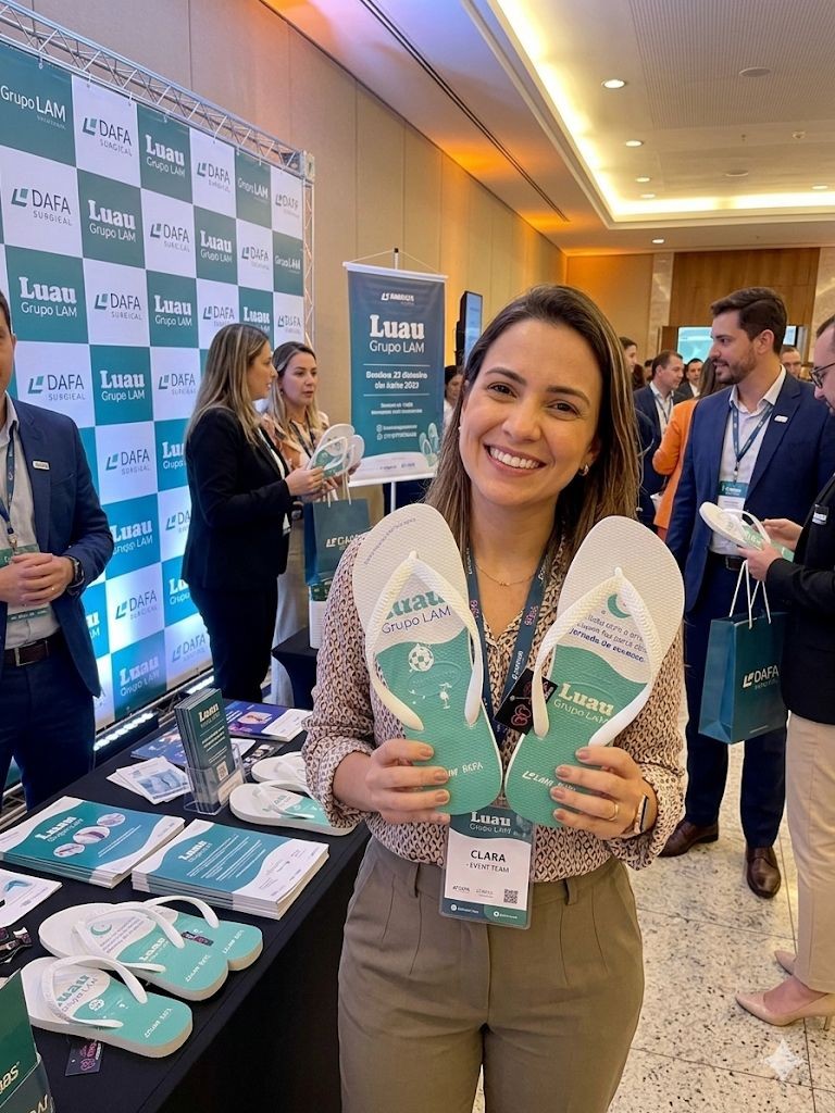 Stand corporativo com Havaianas personalizadas, participante apresentando chinelos da marca em feira ou convenção — Chinelos da Bela