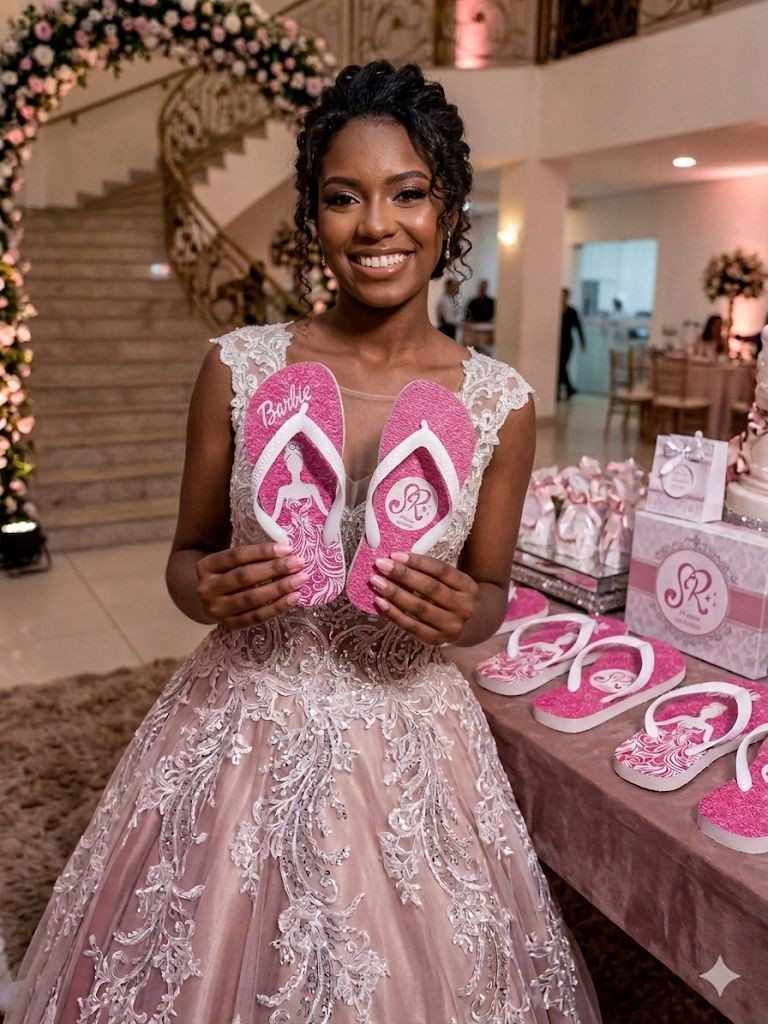 Debutante com vestido rosa segurando Havaianas personalizadas rosa, mesa de lembrancinhas ao lado — Chinelos da Bela