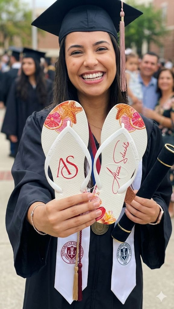 Formanda com beca segurando Havaianas personalizadas com estampa, colação de formatura — Chinelos da Bela