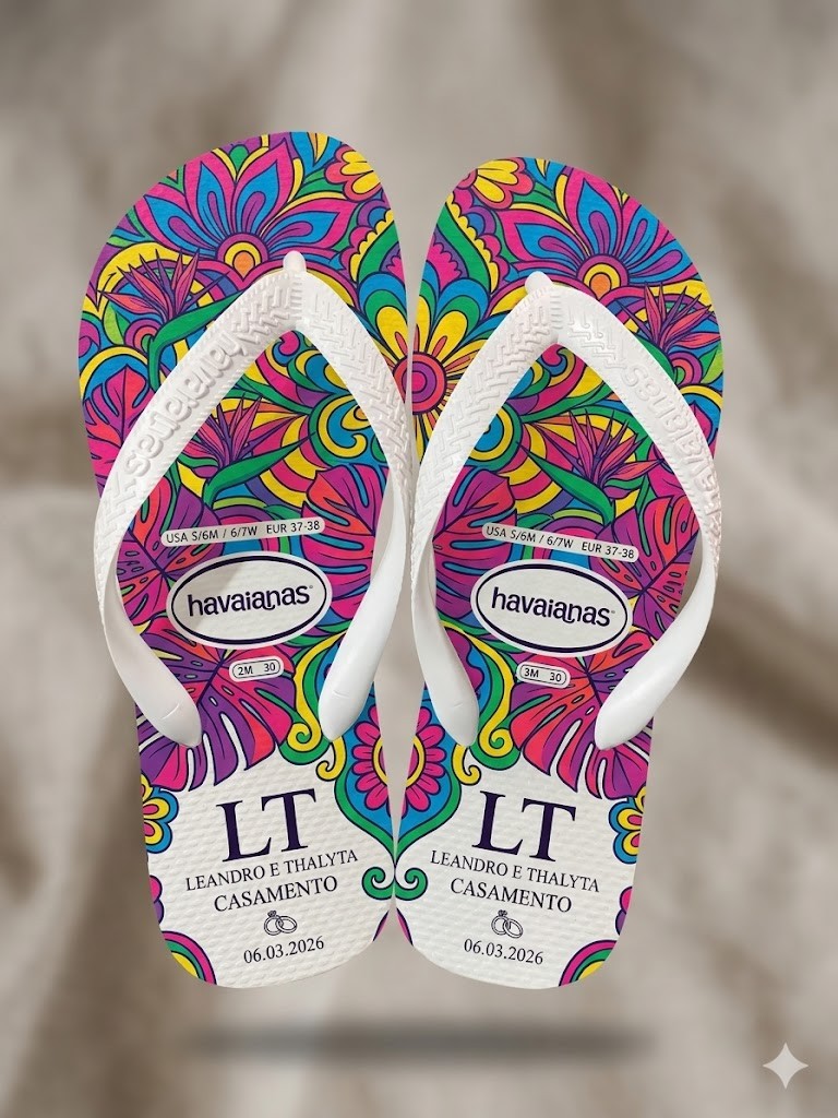 Havaianas personalizadas para casamento — iniciais, nomes e data no solado Chinelos da Bela